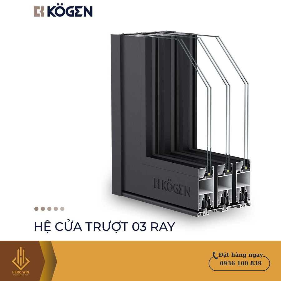 Cửa nhôm Kogen - Cửa đi mở trượt 3 ray hệ 171